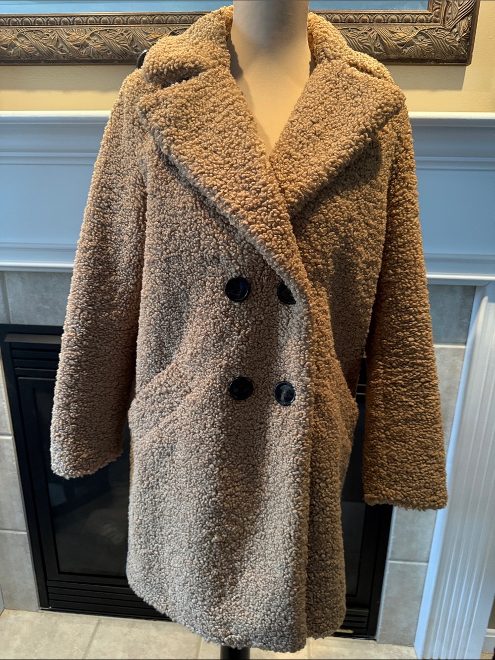 Zara Teddy Double-Breasted Coat in Camel